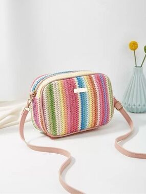 Pastel Multi-Stripe Woven Crossbody Bag - Pink Strap